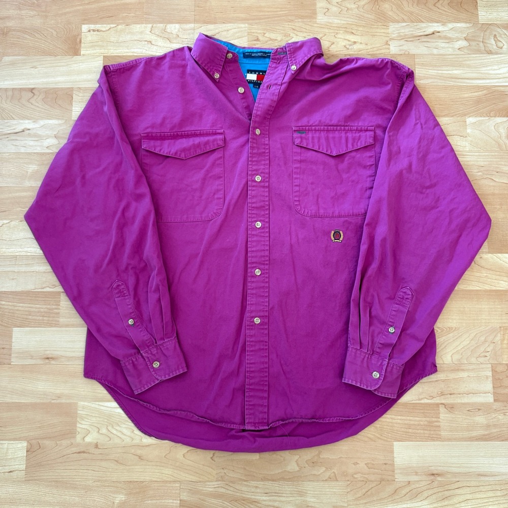 Tommy Hilfiger Mens Magenta Purple Button Down Shirt Long Sleeve Cotton Large